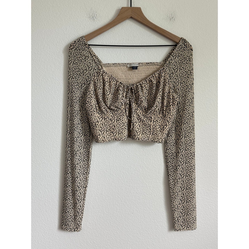 American Eagle Cheetah Print Crop Top Smocked Long Sleeve Sweetheart Neck L Boho
